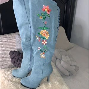 Knee High Denim Floral Boots